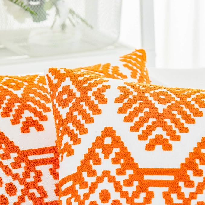 HWY 50 Orange Decorative Throw Pillow Covers 18x18 Inch, Pack of 2 Embroidered Cotton Farmhouse Cushion Cover Pillow Case for Sofa Couch Living Room Bed Bedroon, Modern Diamond Geometric