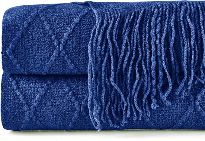 inhand Knit Klein Blue Throw Blanket for Couch, Soft Living Room Home Decor Knitted Twin Size Blanket, Outdoor Lightweight Breathable Summer Blanket, Farmhouse Warm Woven Decorative, 60"x80"