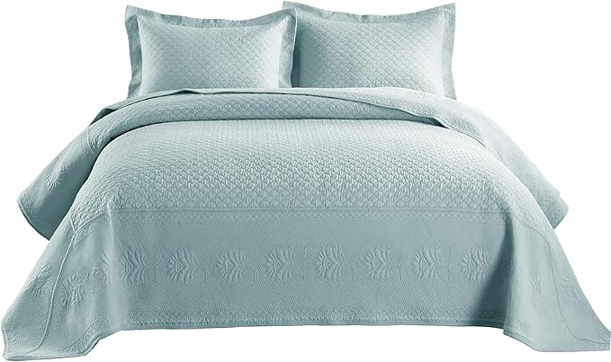 MarCielo 3-Piece 100% Cotton Oversized Bedspread Lightweight Quilt Coverlet Embroidery Farmhouse Bedding Set (TM Mint Green, Oversized Queen (100"x106"))