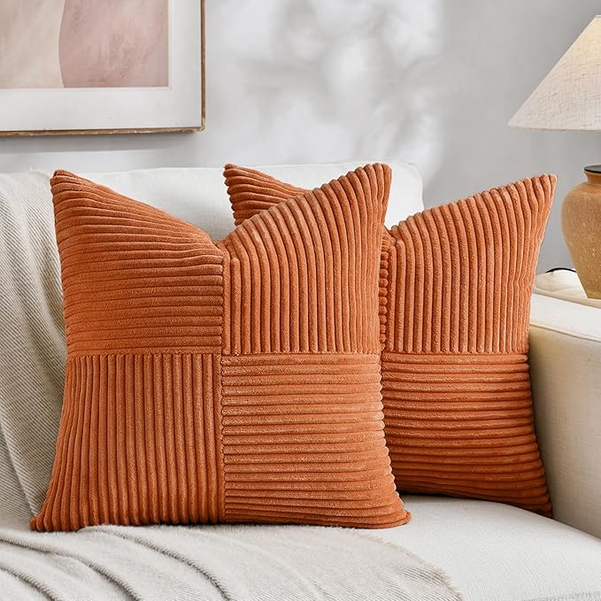 Fancy Homi 2 Packs Orange Fall Decorative Throw Pillow Covers 16x16 Inch for Living Room Couch Bed Sofa, Farmhouse Boho Home Decor, Soft Corss Patchwork Corduroy Textured Square Cushion Case 40x40 cm
