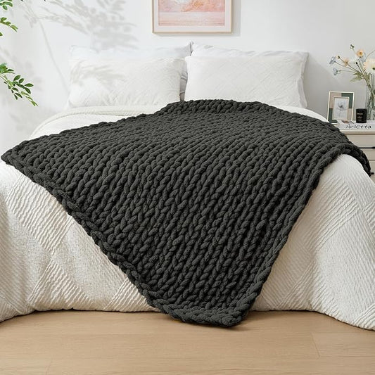 Bigacogo Chunky Knit Throw Blanket for Couch, 40x60 inches, 100% Hand Knitted with Thick Jumbo Chenille Yarn, Cozy Soft Large Rope Knot Cable Crochet Blankets for Sofa Bed Living Room, Dark Grey