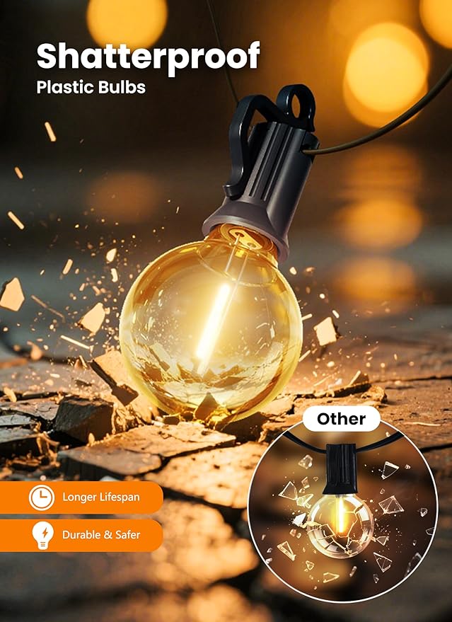 Outdoor-String-Lights-Paio-Lights, 100FT (50FT*2) 50+2 Shatterproof Bulbs Outdoor Patio Lights, IP65 Waterproof Connectable Hanging Outside Light for Backyard, Porch, Deck, Balcony, 2200K