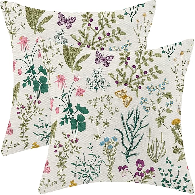 CXMEIFLY Spring Pillow Covers 16 x 16 Inch Set of 2 Vintage Sage Green Teal Wild Flowers Decor Throw Pillows Leaves Plant Outdoor Farmhouse Decorative Cushion Cases for Couch Bed Sofa Decoration