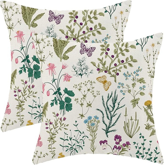 CXMEIFLY Spring Pillow Covers 20 x 20 Inch Set of 2 Vintage Sage Green Teal Wild Flowers Decor Throw Pillows Leaves Plant Outdoor Farmhouse Decorative Cushion Cases for Couch Bed Sofa Decoration