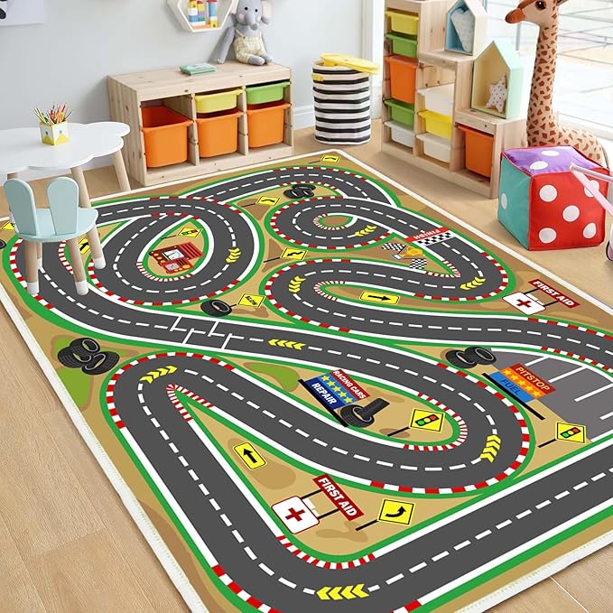 Kids Rug Play mat Playroom Rugs Car Rugs for Kids Toy Cars Race Track for Classroom Rug (Race-Brown, 6.6x9.8ft)
