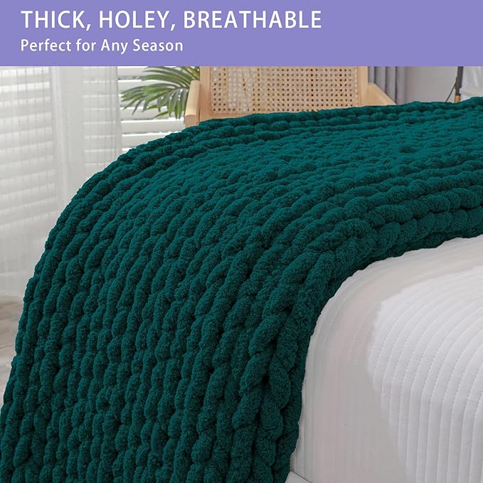 Bigacogo Chunky Knit Throw Blanket for Couch, 40x60 inches, 100% Hand Knitted with Thick Jumbo Chenille Yarn, Cozy Soft Large Rope Knot Cable Crochet Blankets for Sofa Bed Living Room, Dark Green