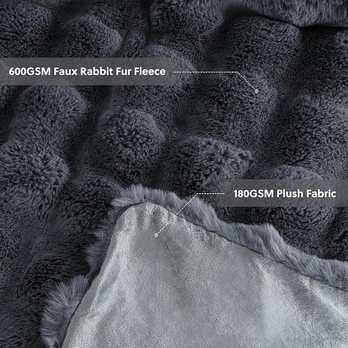 Cozy Faux Fur Throw Blanket for Bed-Warm Fuzzy Throw Blanket, Soft Plush Thick Bubble Blankets for Bedroom and Living Room, Furry Luxury Blanket, 90 x 90, Grey
