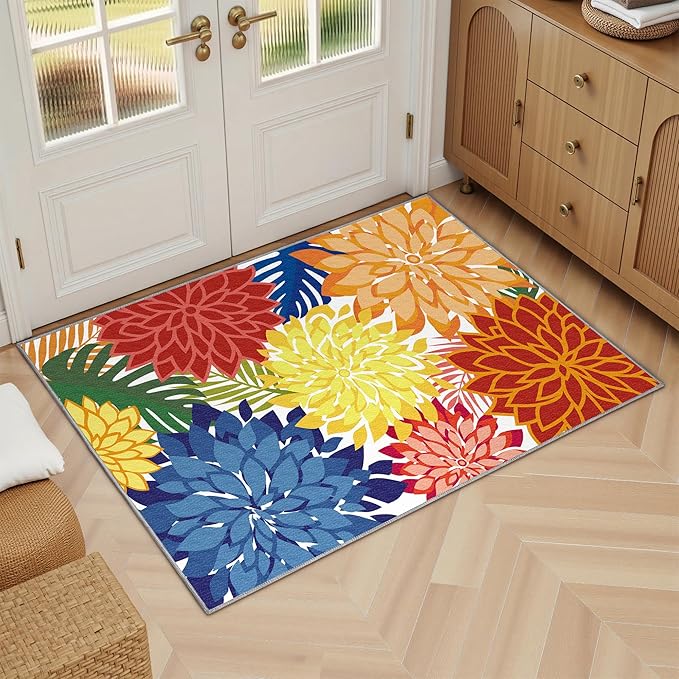 Area Rug 2x3 Washable Entry Small Rug Multicolored Tropical Botanical Modern Floral Indoor Kitchen Door Mat Entrance Carpet Non Slip for Bedroom Living Room, Porch