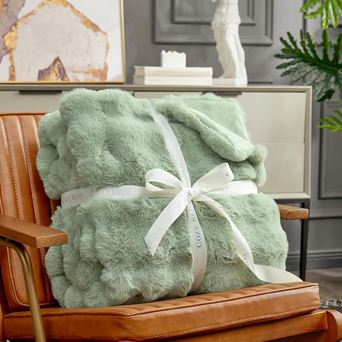 Cozy Bliss Faux Fur Throw Blanket for Couch, Fuzzy Soft Plush Thick Bubble Blanket for Sofa Bedroom Living Room, 108 * 90 Inches Sage Green
