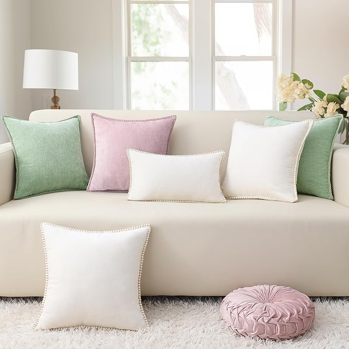 decorUhome Chenille Soft Throw Pillow Covers 16x16 Set of 2, Farmhouse Velvet Neutral Decorative Euro Pillow Covers with Stitched Edge for Couch Sofa Bed Home Decor, Sage Green