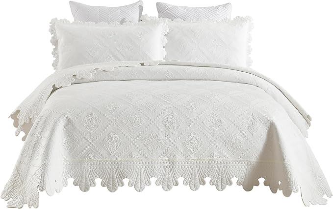 MarCielo 3-Piece 100% Cotton Oversized Bedspread Lightweight Quilt Coverlet Embroidery Farmhouse Bedding Set (TK White, Oversized King (118"x106"))