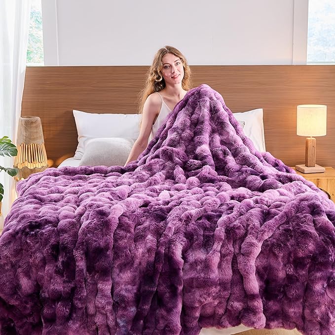 Lotus Karen Faux Fur Throw Blanket Tie-dye Violet - Big Bubble Rabbit Fluff Blanket for Couch Bed Sofa,Softest Fluffy Fuzzy Cozy Blanket,Thick Furry Plush Shaggy Warm Blankets for Women,50x60 Inches
