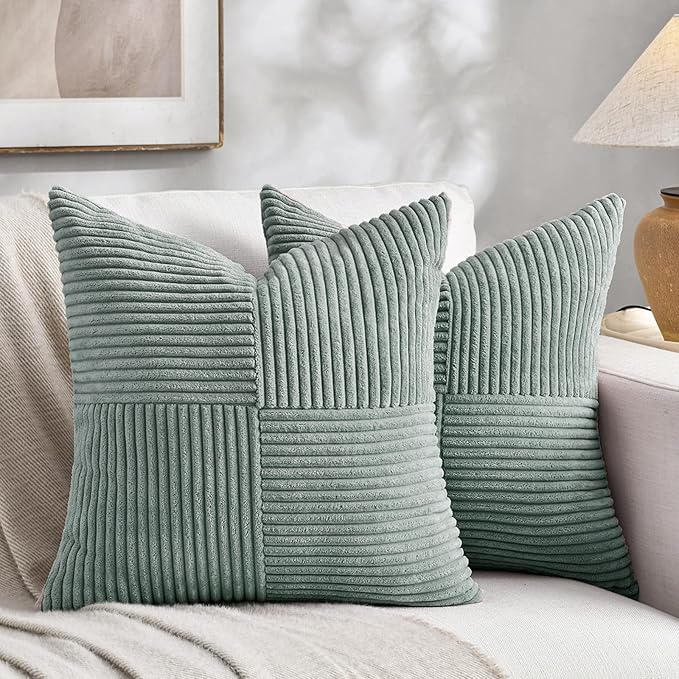 Fancy Homi 2 Packs Grey Blue Euro Decorative Throw Pillow Covers 24x24 Inch for Couch Bed Sofa, Rustic Farmhouse Boho Home Decor, Soft Corss Corduroy Patchwork Accent Big Square Cushion Case 60x60 cm