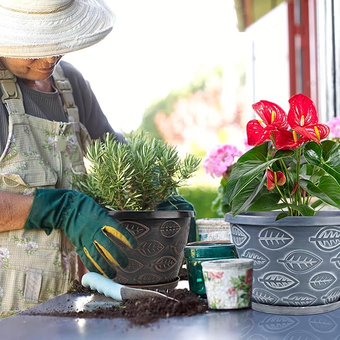 3 Pack Flower Pots Outdoor 11 Inch Plant Pots Indoor, Large-Plastic-Plant-Flower-Planters-Pots with Drainage Hole & Tray, Modern Decorative Garden Pot with Saucer(Brown)