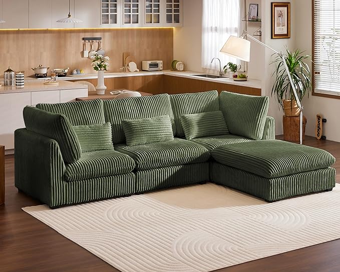 Oversized Modular Sofa, Extra Deep Cloud Corduroy Sectional Couch with Ottoman Chaise, Fluffy Chenille 4 Seat L-Shaped Sofa for Living Room, Villa (L Shape 4 Seater, Corduroy Green)