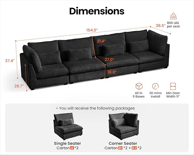 Oversized Modular Sofa, Extra Deep Cloud Corduroy Sectional Couch with Ottoman Chaise, Fluffy Chenille 4 Seater Sofa for Living Room, Villa (Basic 4 Seater, Corduroy Black)