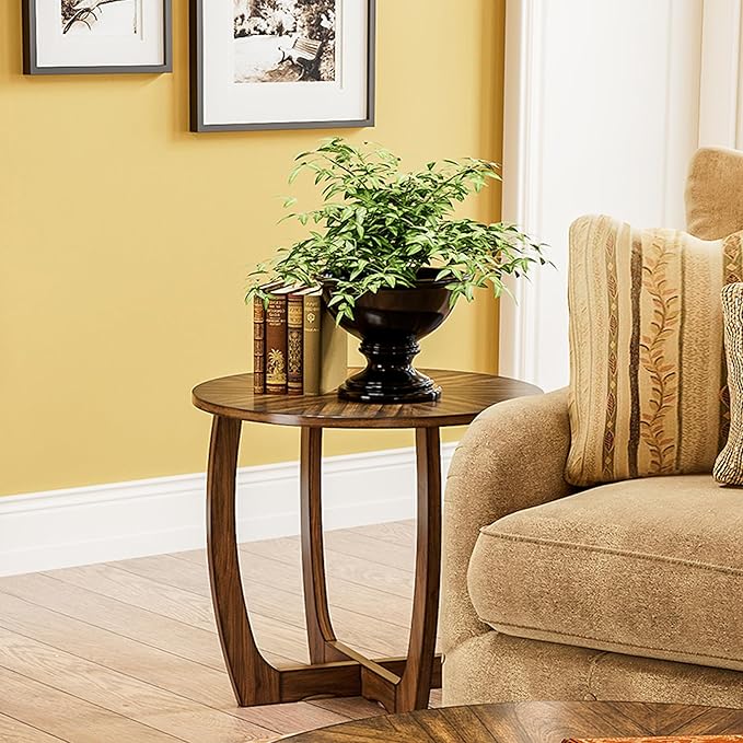 PADMA HOUSE Round Wood End Table with Curved Legs, Drum Circle Side Table with Snowflake Tabletop, Rounded Wooden Sofa Side Table, Brown Walnut Wood Tabletop & Legs 23.6" x 21.7"