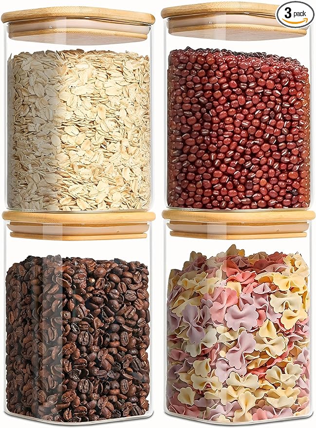 Square Glass Jars Canister with Wood Lid 37 FL OZ [Set of 4], Container Jar with Sealing, Lids for Oat Pasta Flour Cereal Rice Sugar Tea Coffee Beans, Best for Kitchen & Pantry