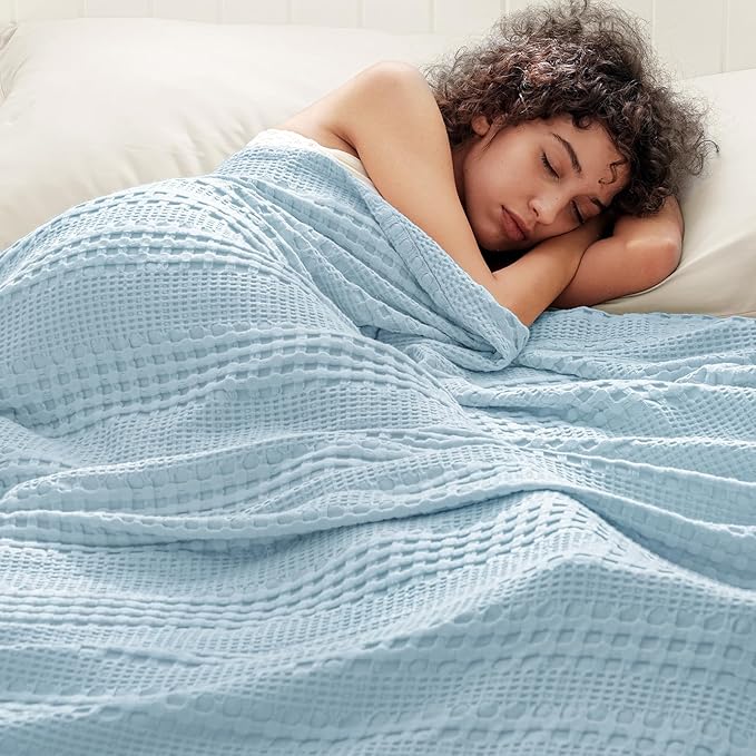 PHF Cooling Waffle Blanket King Size, Lightweight 60% Rayon Derived from Bamboo & 40% Cotton Breathable Blanket for Hot Sleepers, Soft and Luxury for Bed Couch and Sofa,104"x90",Sky Blue