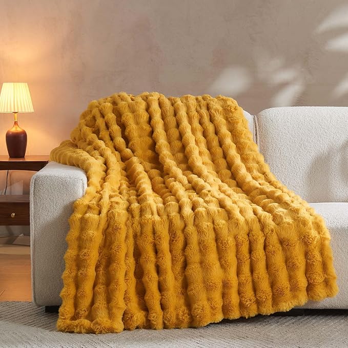 Lotus Karen Faux Fur Throw Blanket Ginger Yellow - Big Bubble Rabbit Fluff Blanket for Couch Bed Sofa,Softest Fluffy Fuzzy Cozy Blanket,Thick Furry Plush Shaggy Warm Blankets for Women,108x90 Inches