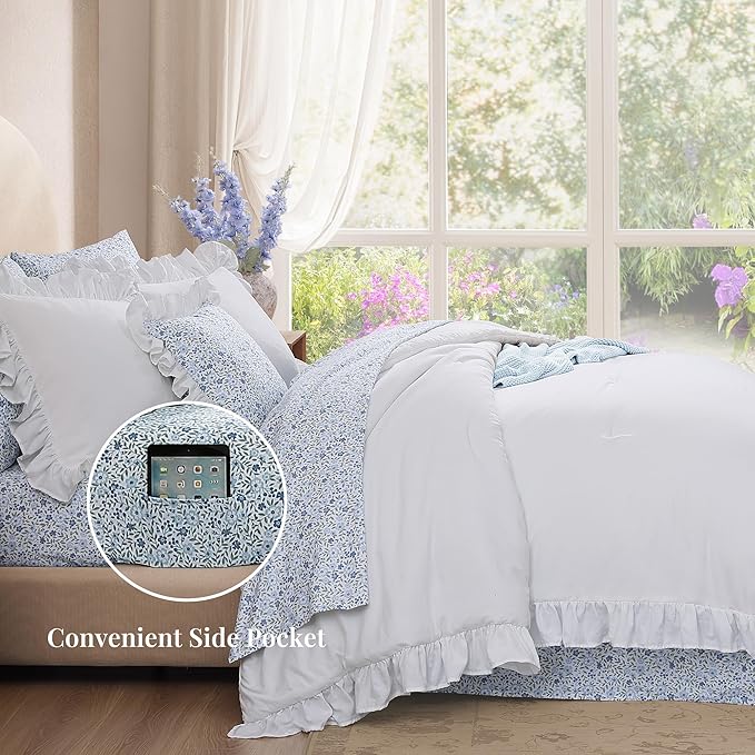 King Comforter Set - 7 Pieces Ruffle White Bedding Sets, Shabby Chic Farmhouse Bed in a Bag King with Ruffle Comforter, Floral Sheets, Pillowcases & Shams