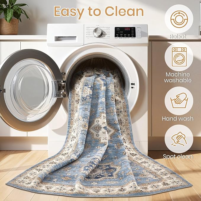 Washable Area Rugs for Living Room - 7x9 Neutral Vintage Distressed Floral Farmhouse Boho Large Soft Floor Rug Indoor Non Slip Carpet for Living Room Bedroom Dining Room Office - Blue