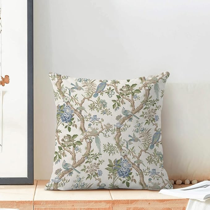 CXMEIFLY Chinoiserie Spring Pillow Covers 22 x 22 Inch Set of 2 for Blue Sage Green Vintage Flowers Bird Decor Throw Pillows Plant Farmhouse Outdoor Decorative Cushion Cases for Couch Bed Decorations
