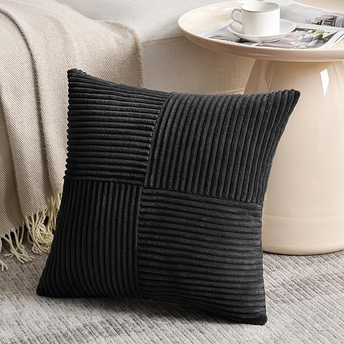Fancy Homi 2 Packs Black Euro Decorative Throw Pillow Covers 28x28 Inch for Couch Bed Sofa, Rustic Farmhouse Boho Home Decor, Soft Corss Corduroy Patchwork Textured Square Cushion Case 71x71 cm