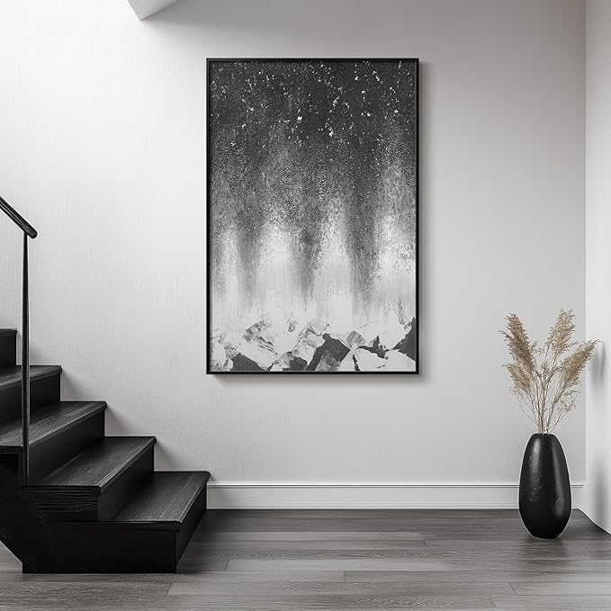 Framed Black and White Abstract Wall Art, Modern Large Canvas Paintings Artwork for Walls, Minimalist Abstract Starry Night Art Prints Pictures for Living Room Hallway Bedroom Office Bathroom Wall Decor 24x36 Inch