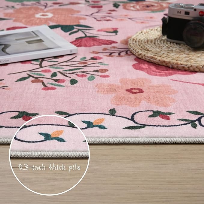 Area Rugs 8x10 Rug for Living Room Clearance Washable Boho Area Rug Non Slip Floral Vintage Low Pile Large Rug for Living Room, Bedroom, Farmhouse, Dining Room, Kids Playroom(Pink)