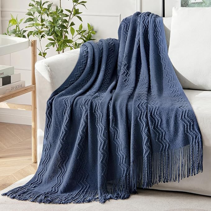 MIULEE Navy Blue Knitted Throw Blanket for Couch Textured Knit Blanket with Tassels Cozy Woven Boho Bed Blanket for Sofa Bed Chair Acrylic Wave Pattern 50"x60"