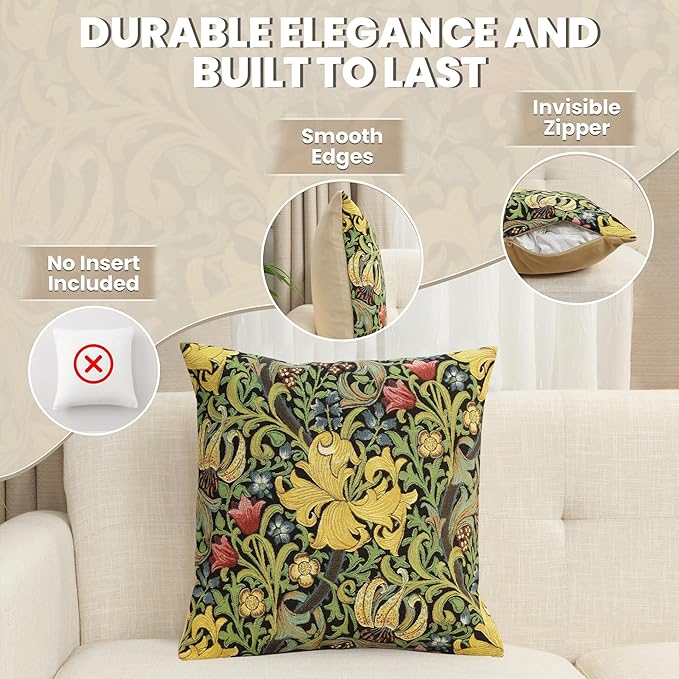 Charlotte Home Furnishings Throw Pillow Covers, Decorative Boho Pillow Cover for Couch, Living Room, Golden Lily Black Square Cushion Cases 18x18 in, European Cotton Jacquard Woven, Cozy Bedroom Decor