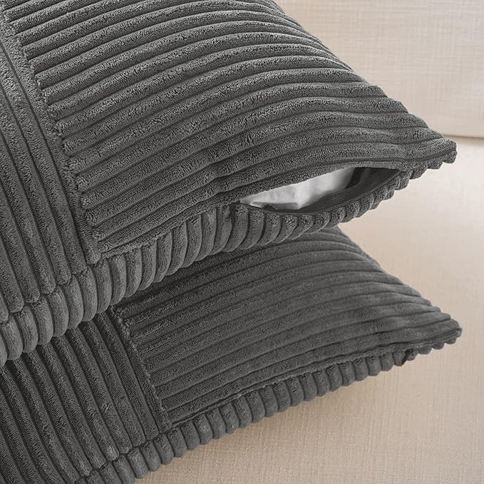 Fancy Homi 2 Packs Dark Gray Lumbar Decorative Throw Pillow Covers 14x24 Inch for Living Room Couch Bed Sofa, Farmhouse Home Decor, Soft Striped Corduroy Rectangle Accent Cushion Case 35x60 cm