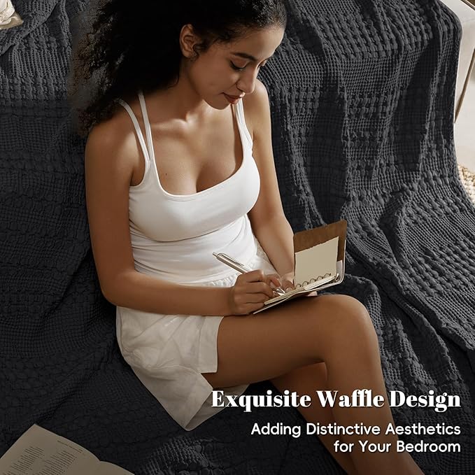 PHF 100% Cotton Waffle Weave Blanket Twin Size, Soft Lightweight Breathable Cozy Summer Blankets for Bed, Luxury Aesthetic Woven Bedding for Home Decor, 66"x90", Black