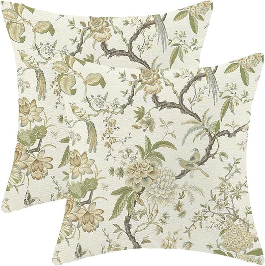 CXMEIFLY Spring Floral Birds Pillow Covers 20 x 20 Inch Set of 2 for Chinoiserie Flowers Decor Throw Pillows Sage Green Plant Outdoor Decorative Cushion Cases for Couch Bed Decorations