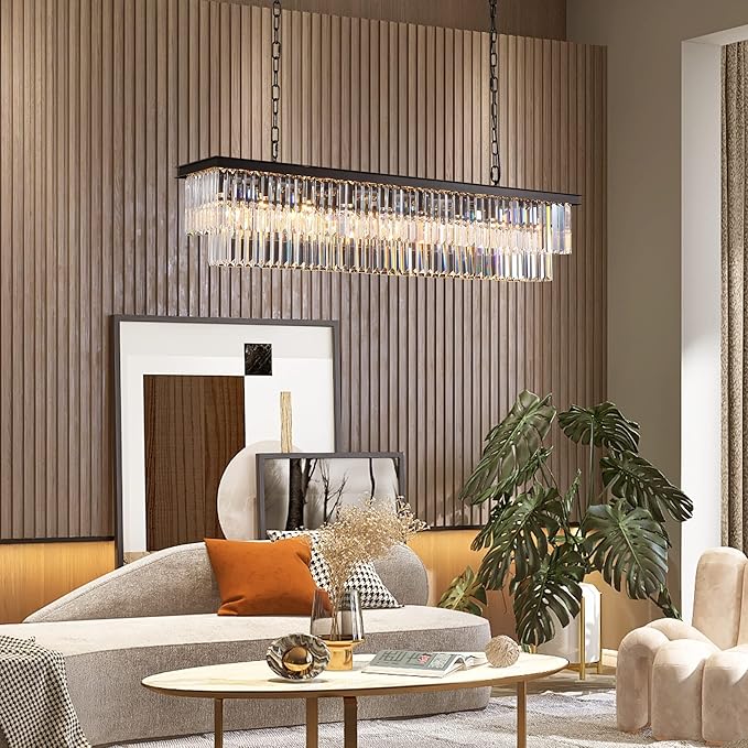 Rectangle Crystal Chandelier Black Modern Linear Chandelier Contemporary Pendant Light Fixture 8-Light Hanging Ceiling Light for Dining Room Living Room Kitchen Bedroom Foyer 47''