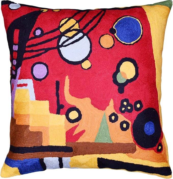 Kandinsky Contemporary Throw Pillow Cover - Heavy Red Space Modern Cushion | Abstract Throw Pillows | Contemporary Pillow | Abstract Chair Cushions | Hand Embroidered Cushion | Wool Size 18x18