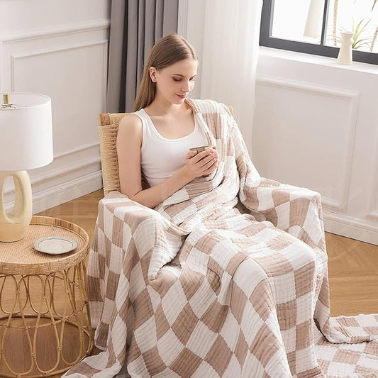 EMME Checkered Cotton Blanket Queen Size for Bed Soft Large Muslin Bed Blankets 80"x90" Lightweight Breathable Cooling All Season Gauze, Light Tan