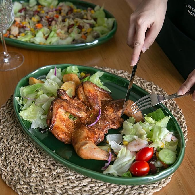 vicrays Ceramic Serving Platter Tray - Extra Large Oval 14.5 Inch Porcelain Dinner Plates Long Serving Dish Set - for Party Restaurant Food Meat Sushi Fish Turkey Platter - Green