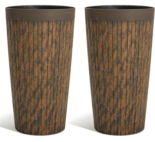 Worth Garden 22.5" H. Plastic Planters - Set of 2 Vintage Brown Tall Conical Plant Pots for Indoor Outdoor Use - Decorative Lightweight Flower Pots for Front Porch, Patio, Deck - 12.5" Dia x 22.5" H