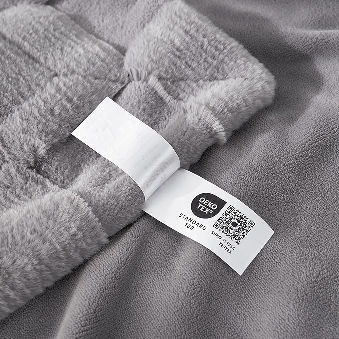 Cozy Bliss Checkered White Faux Rabbit Fur Throw Blanket, Soft Fuzzy Fluffy Minky Cream Furry Blankets for Couch, Bed (Grey, King(108" x 90"))