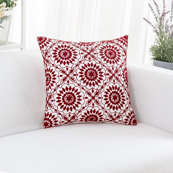 HWY 50 Red Decorative Throw Pillow Covers 18x18 Inch (1 Piece), Embroidered Cotton Farmhouse Cushion Cover Pillow Case for Sofa Couch Living Room Bed, Little Sunflower