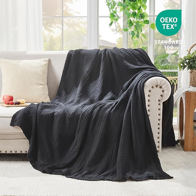 EMME Cotton Muslin Throw Blanket Couch Breathable Gauze Blanket Soft Lightweight Blankets Adults (Black, 50"x60")