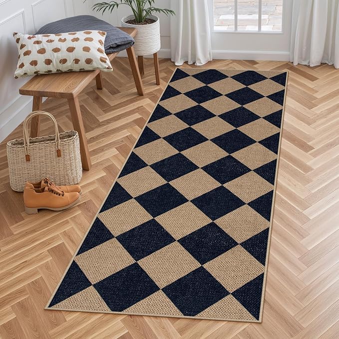 Lahome Checkered Easy Jute Runner Rug, 2x6 Kitchen Mats for Floor Washable Entryway Runner, Checkerboard Black Indoor Outdoor Carpet for Hallway 6ft Entry Laundry