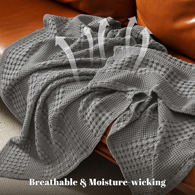 PHF 100% Cotton Waffle Weave Throw Blanket, Soft Lightweight Breathable Cozy Summer Throws for Couch Bed Sofa, Luxury Aesthetic Woven Blanket for Home Decor & Office, 50"x60", Dark Grey