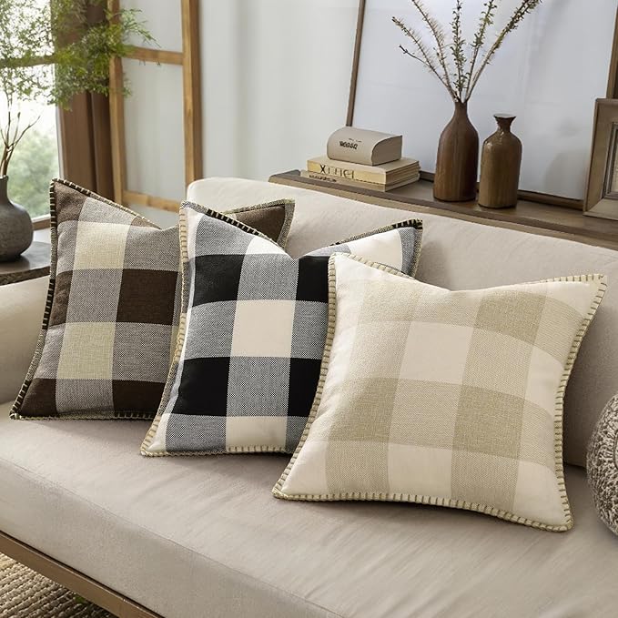 decorUhome Buffalo Plaid Check Throw Pillow Covers 18x18 Set of 2, Outdoor Decorative Farmhouse Neutral Pillow Covers with Stitched Edge for Bed Couch Sofa, Black and White