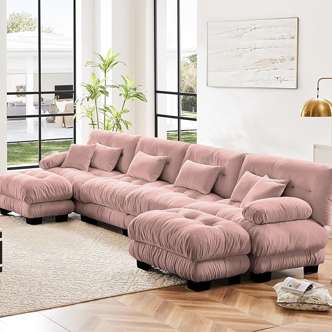U Shaped Couch Sectional Couch, 4-Seater Cloud Couch Sectional Oversized Couch, Sofa Bed Couch with Round Bolster Armrests 6 Pillows, Modular Couch Home Sofa Living Room Couch(Pink)