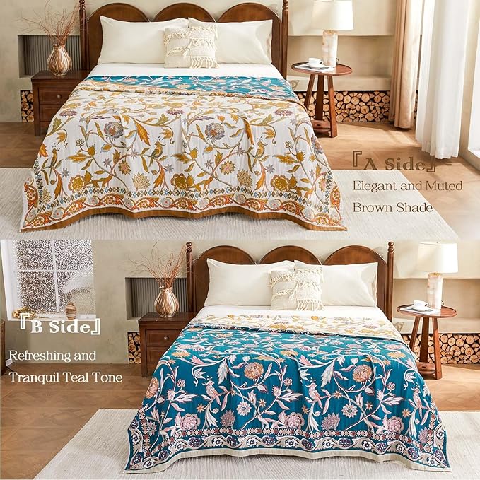 Fall Throw Blanket for Couch, Brown Boho Decorative Throw Blanket, 100% Cotton Muslin Breathable Woven Farmhouse Blankets Quilt, 80"x90" Reversible Lightweight Blankets Bohemian Throw Quilt