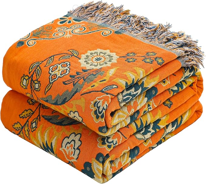 Boho Large Throw Blanket, 100% Organic Cotton Breathable Soft Bed Throw - Floral Farmhouse Decor Blanket for Sofa Couch Chair and Gift. 91" x 98"- Orange