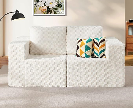 Modular Sectional Sofa 2 Seater Loveseat Modular Couch with Deep Seat Memory Foam Cloud Chair with Pillows Oversized Sectional Sofa for Living Room Bedroom (Plush White, Loveseat)